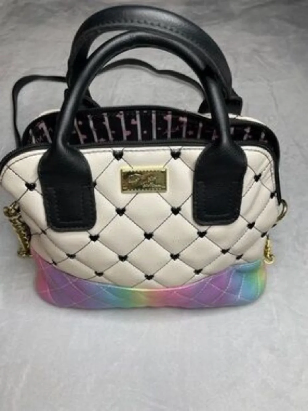 Betsey Johnson Cream Quilted Satchel with Rainbow Stripe Panel(NWOT)
